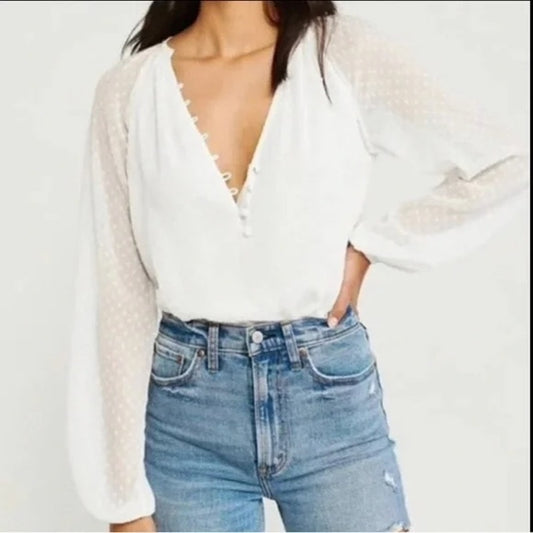 Abercrombie Sheer Balloon Long Sleeve Button Front Blousson Bodysuit White XL