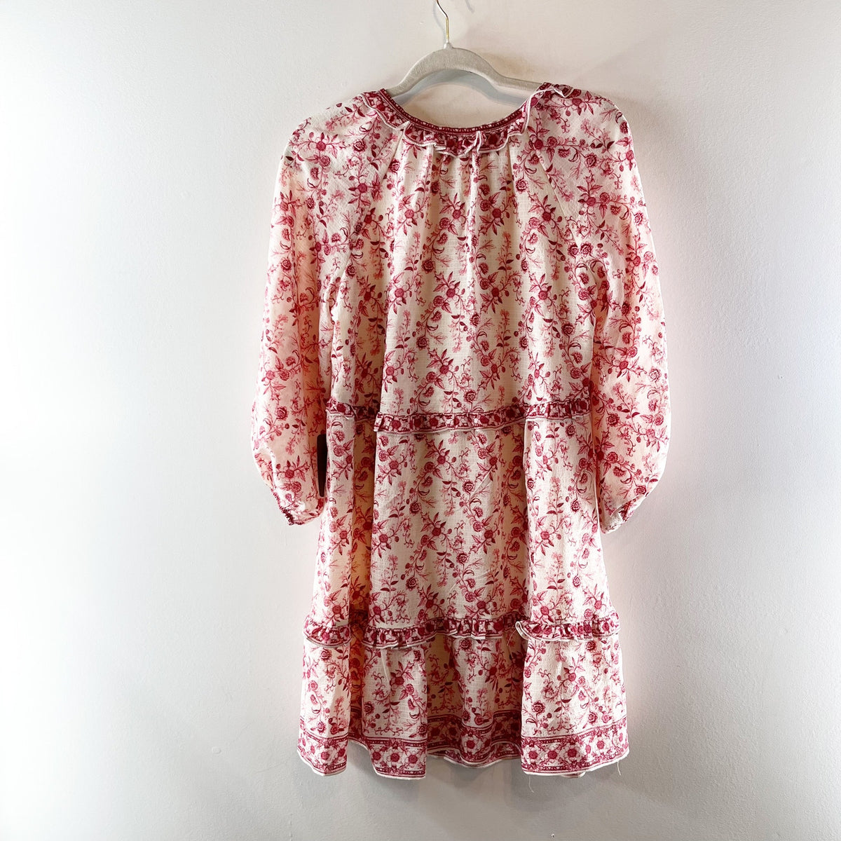 Max Studio Keyhole Long Sleeve Floral Tiered Mini Dress Pink White Small