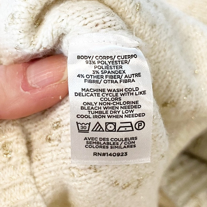 LOFT Shimmer V Neck Long Sleeve Sweater Ivory Cream Gold Large