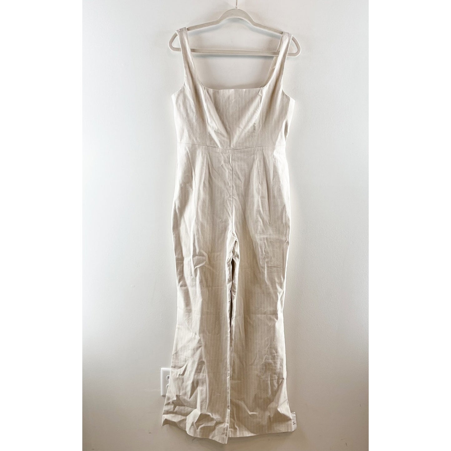ASOS Square Neck Flare Tailored Pinstripe Jumpsuit in Stone Stripe Tan 8