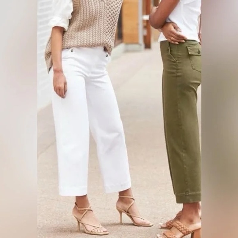Spanx High Rise Cropped Twill Wide Leg Pants Trousers White Large