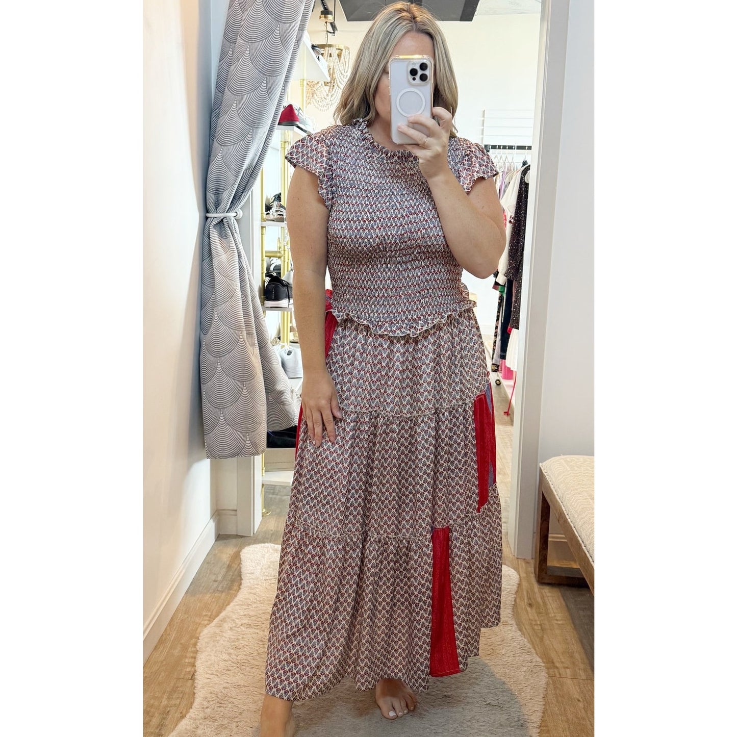 Perry Walker Collective Drop Waist Smocked Patchwork Maxi Dress Red Small