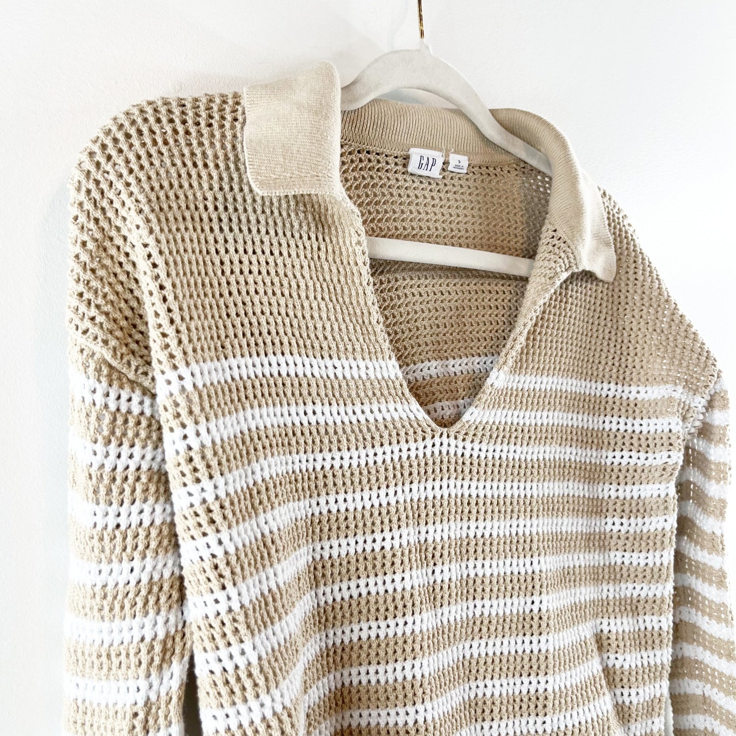 GAP Long Sleeve Crochet Collared Sweater Tan Beige Small