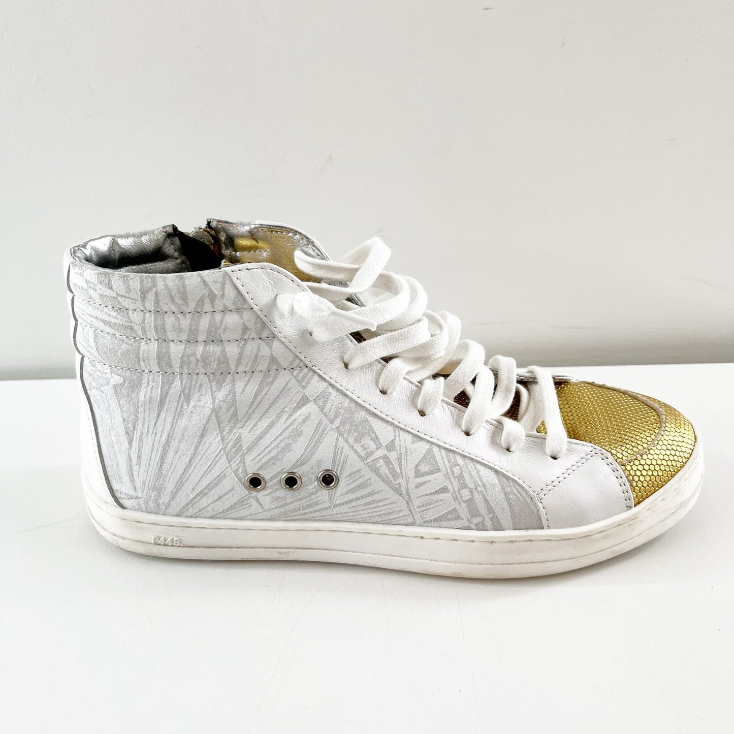 P448 Palm Print Leather High Top Active Lace Up Skate Sneaker White Dusty 37