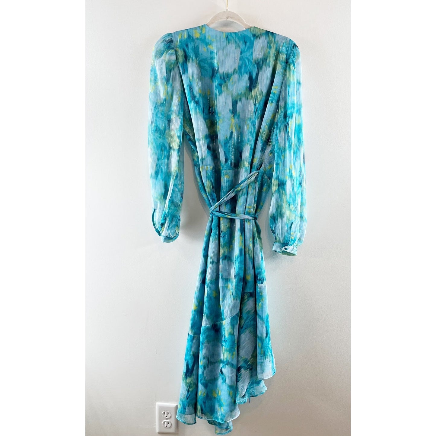 Loft Watercolor Floral Chiffon Puff Long Sleeve Midi Wrap Dress  Blue 10