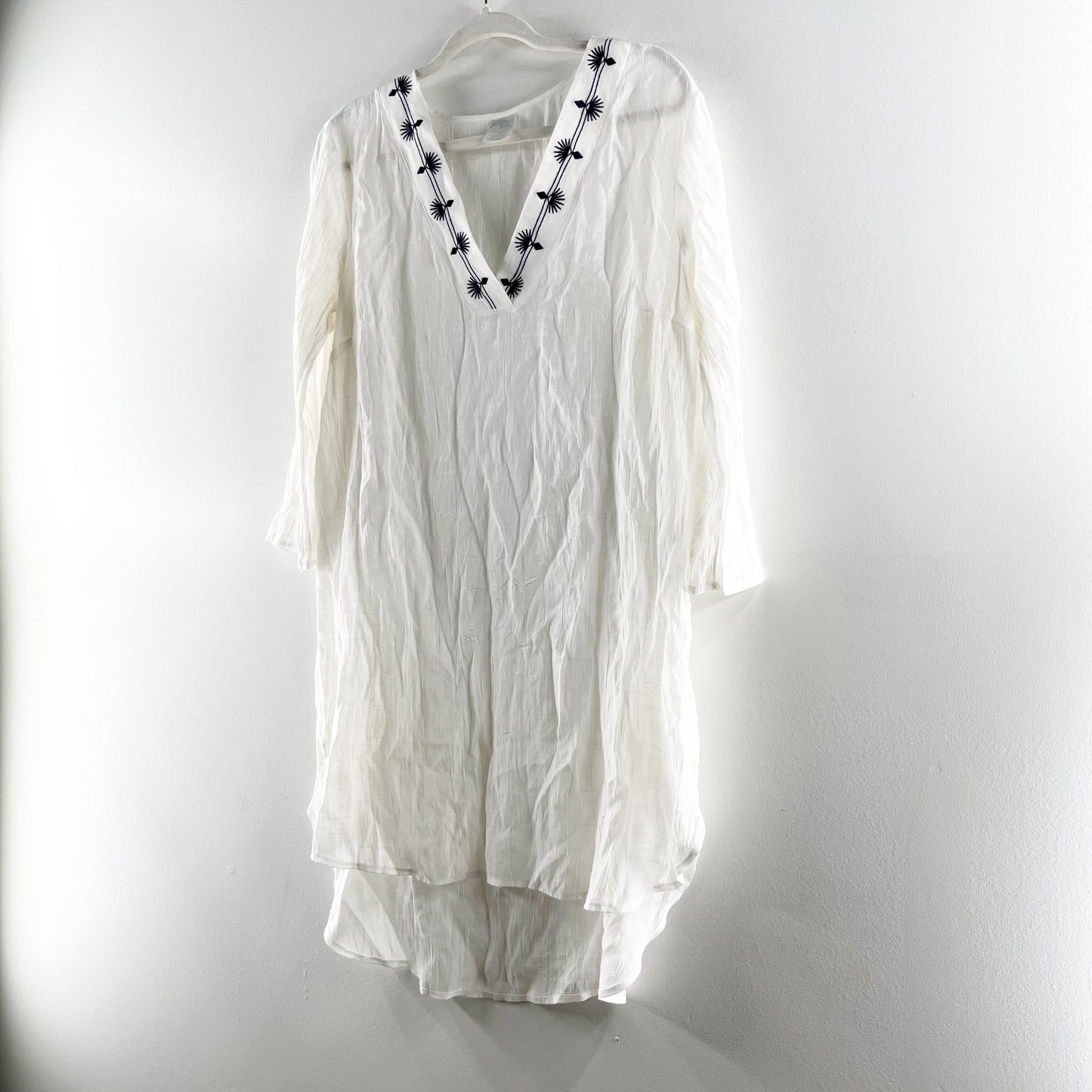 Kona Sol Sheer Embroidered Swim High Low Hem Cover Up Dress White Navy XL