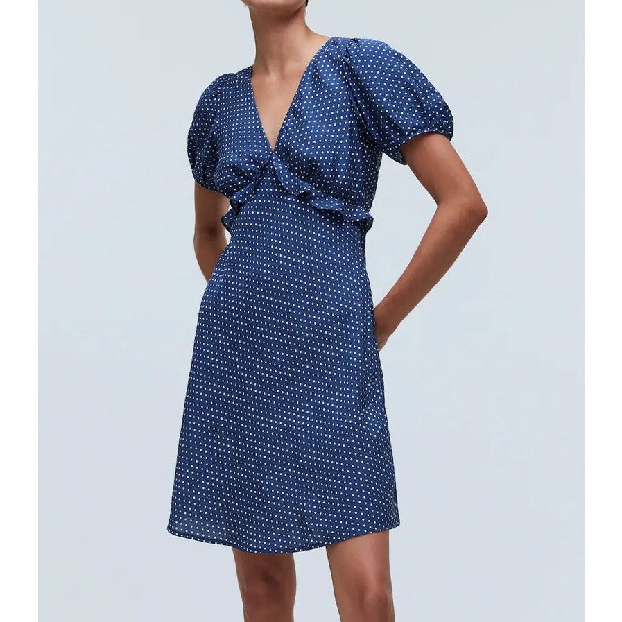 Madwell Puff-Sleeve Ruffle Mini Dress in Polka Dot Curfew Blue 14