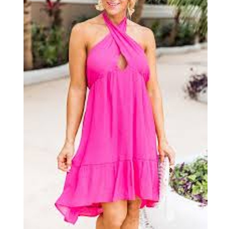 Pink Lily Cruise Through Town Halter Keyhole Mini Dress Hot Pink Large