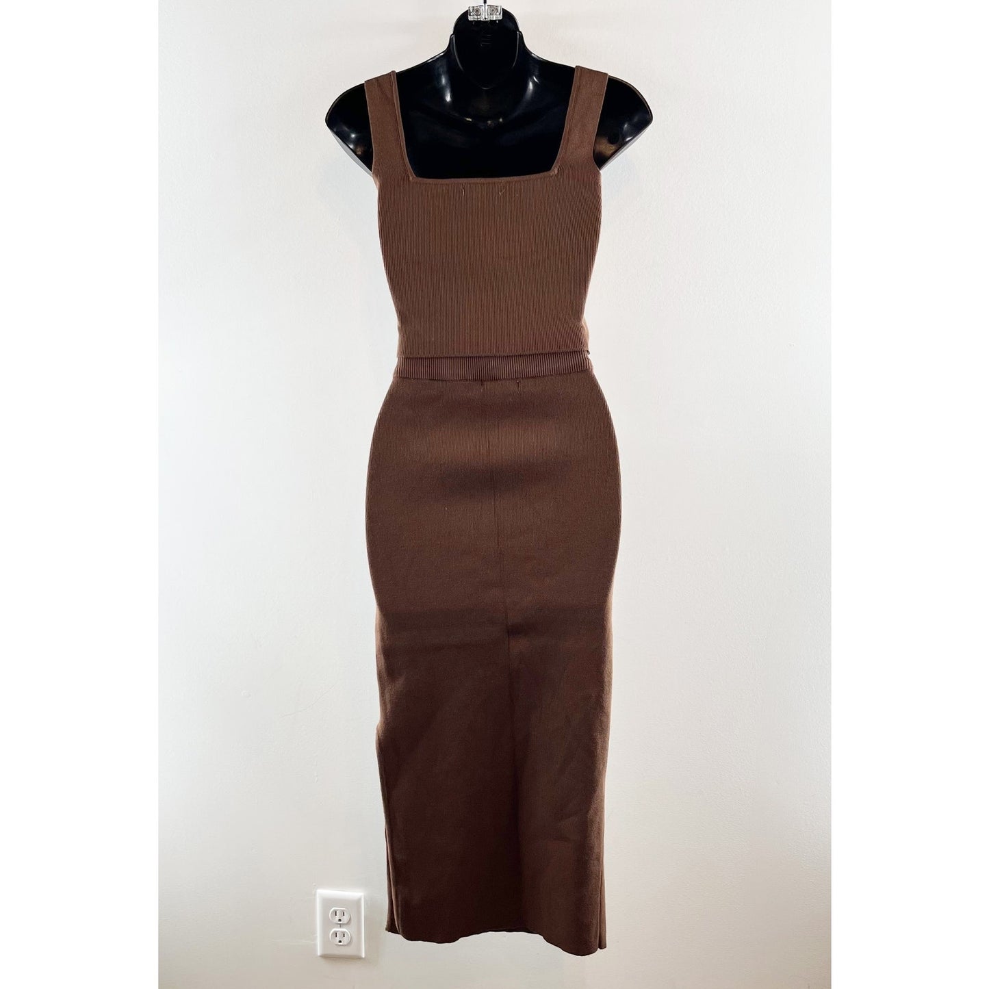 Miou Muse Knit Set Cropped Corset Top High Rise Midi Skirt Brown Small