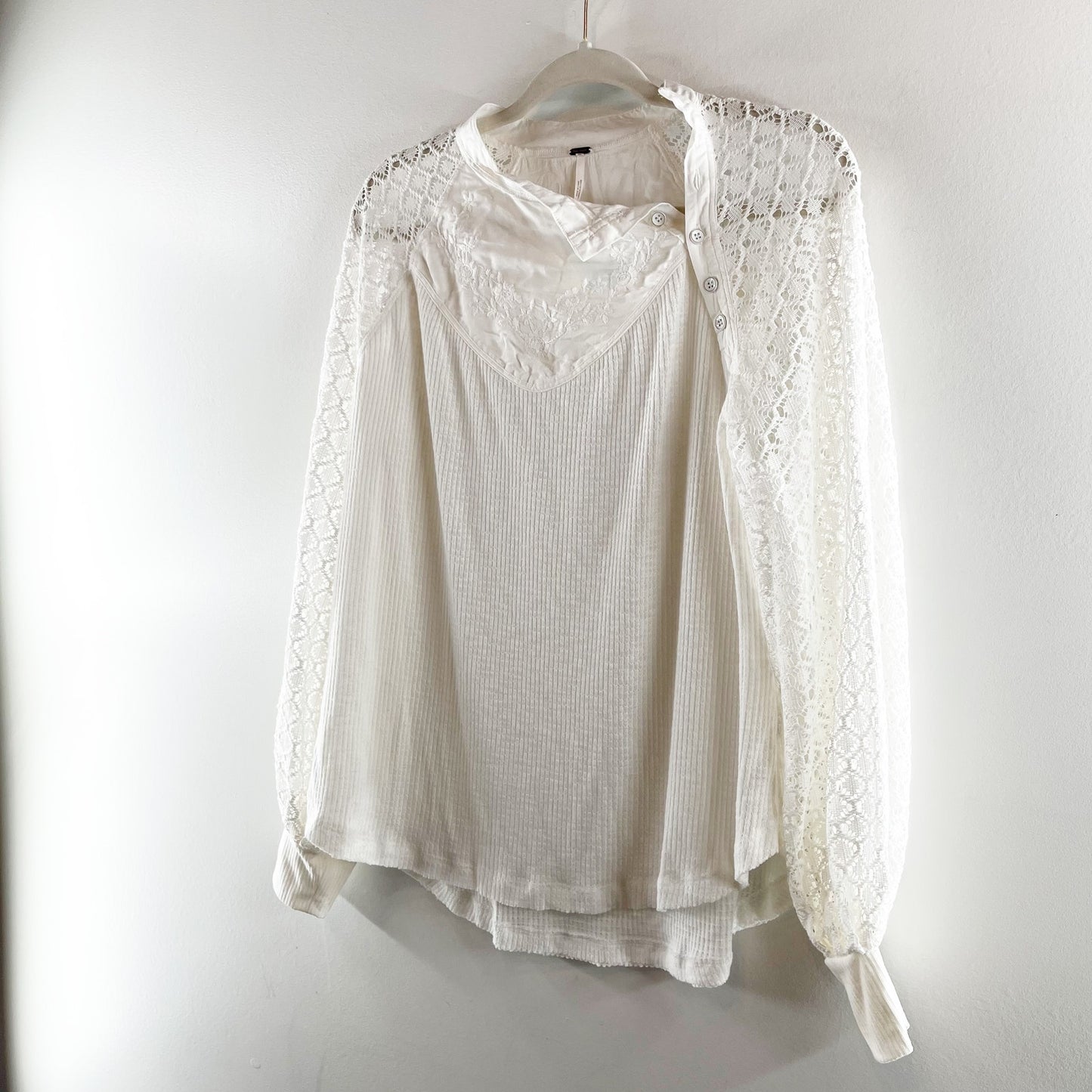 Free People Sweetest Thing Thermal Sheer Crochet Sleeve Top White Medium