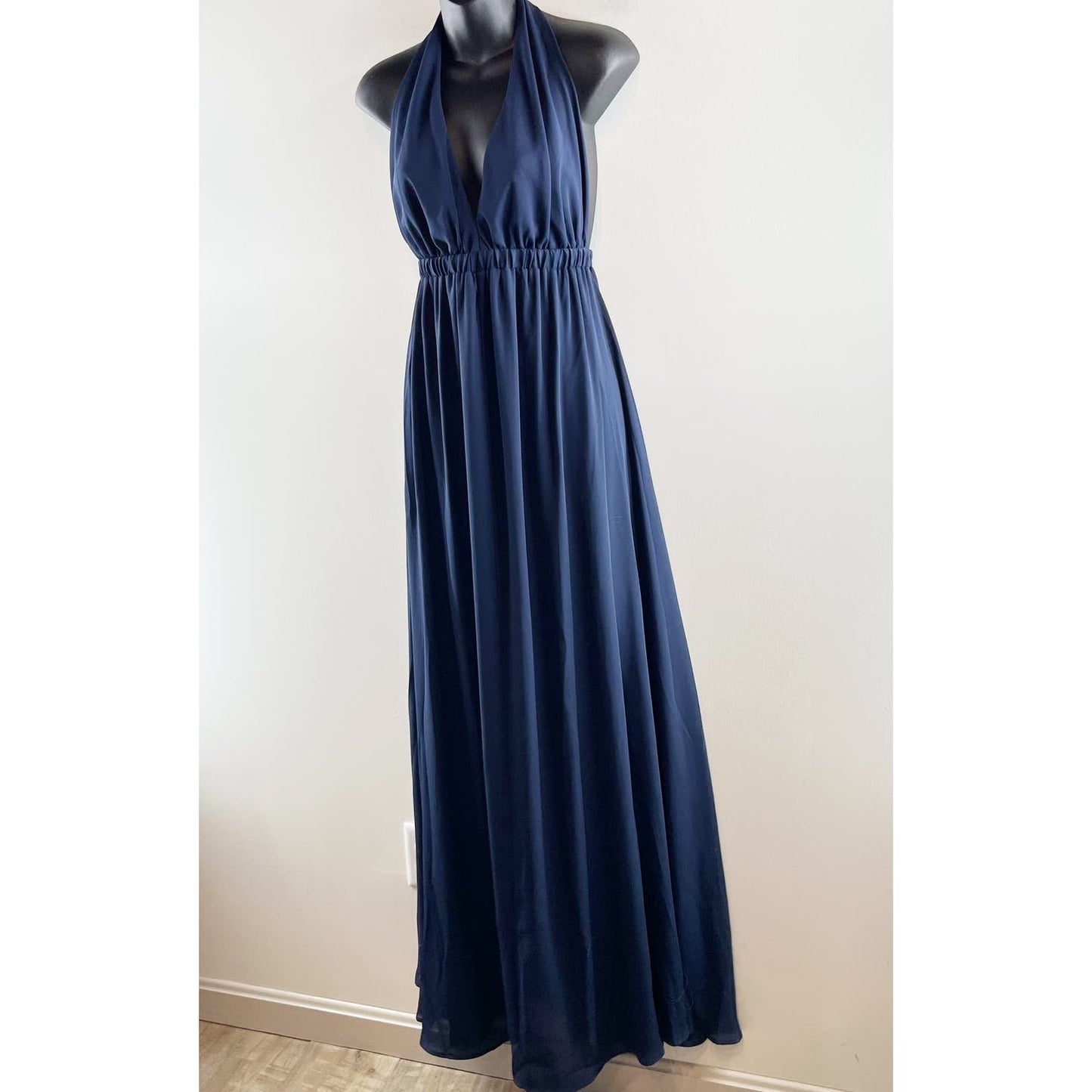 Show Me Your Mumu Plunge V Neck Halter Lined Maxi Gown Dress Navy Blue Medium