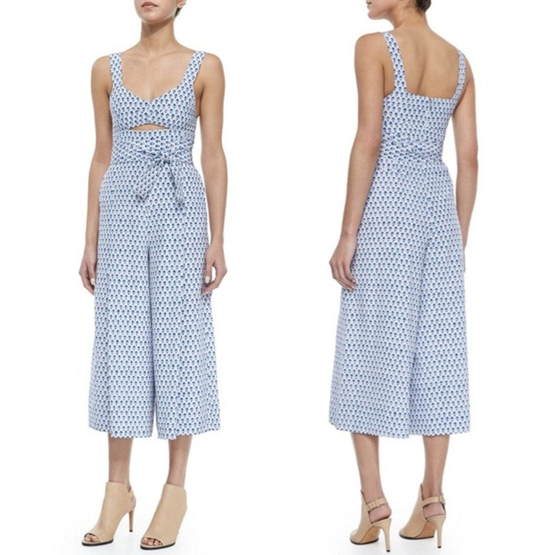 Rebecca Taylor Ditsy Tulip Cutout Wide Leg Cropped Jumpsuit Blue White 8