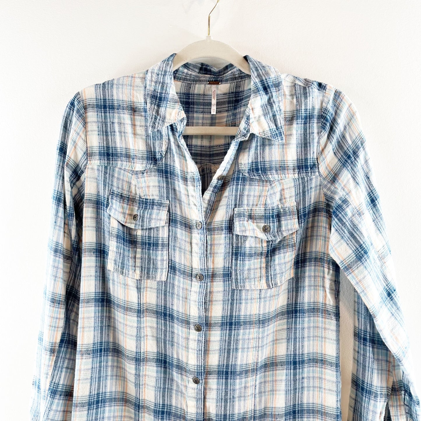 Free People Eight Days A Week Long Sleeve Plaid Shirt Dress Blue XS