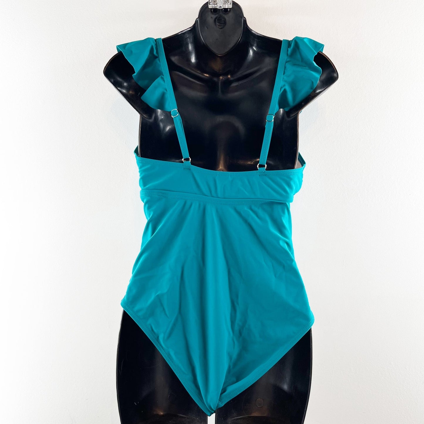 Plunge V Neck Ruffle Trim Ruched One Piece Swimsuit Teal Turquoise Blue Medium