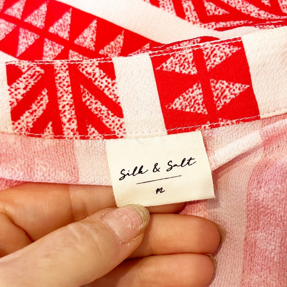 Silk & Salt V Neck Aztec Long Sleeve Midi Dress Red White Medium