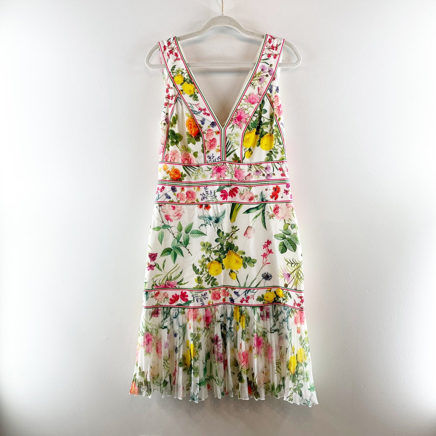 Tadashi Shoji V Neck Pleated Hem Floral Olga Dress White 10