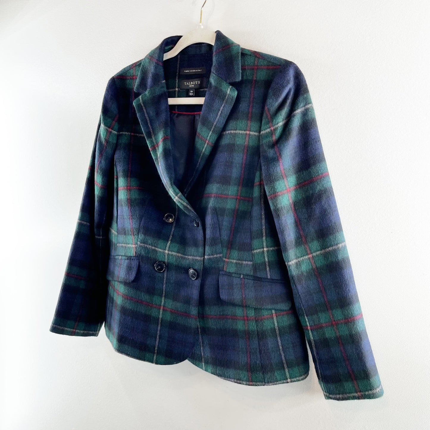 Talbots Brushed Wool Double Breasted Blazer Jacket Tartan Plaid Green 10P