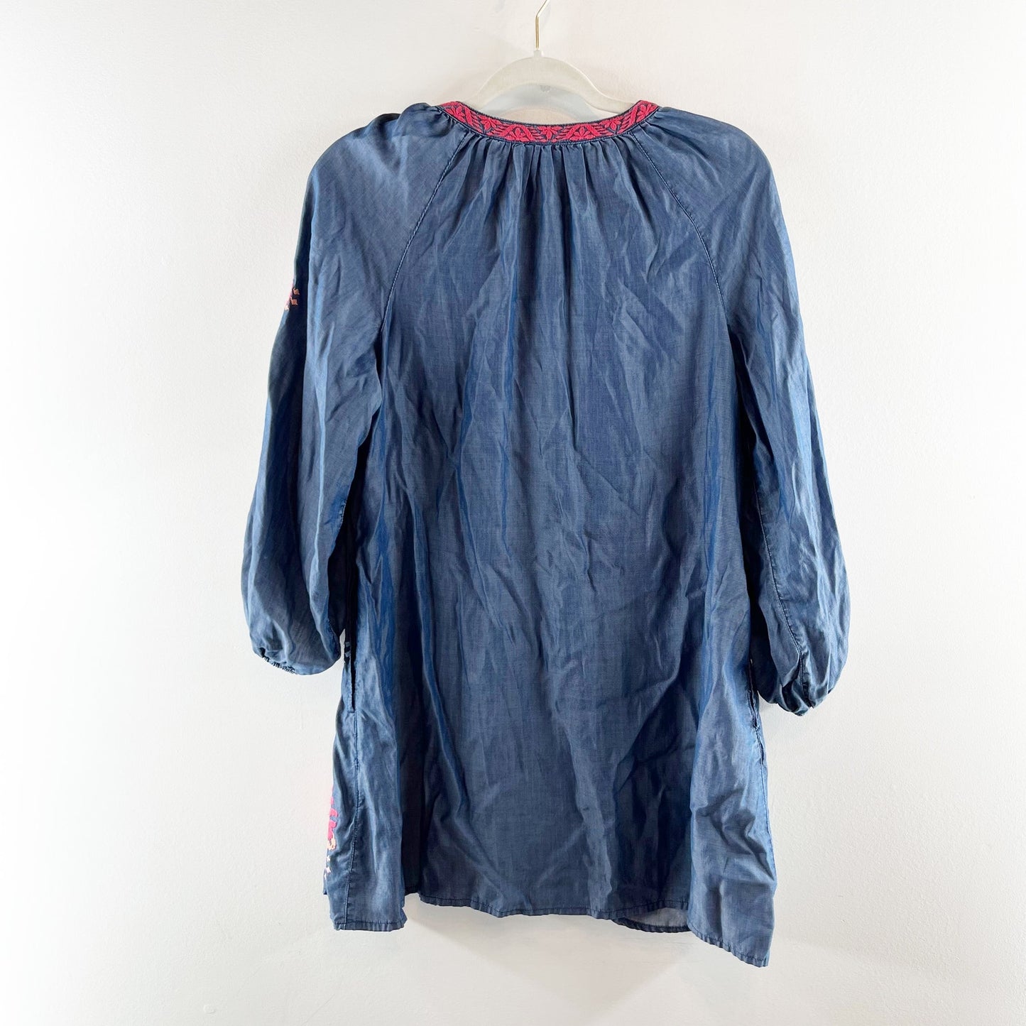 Tommy Bahama Long Sleeve V Neck Embroidered Tunic Mini Dress Chambray Blue XS