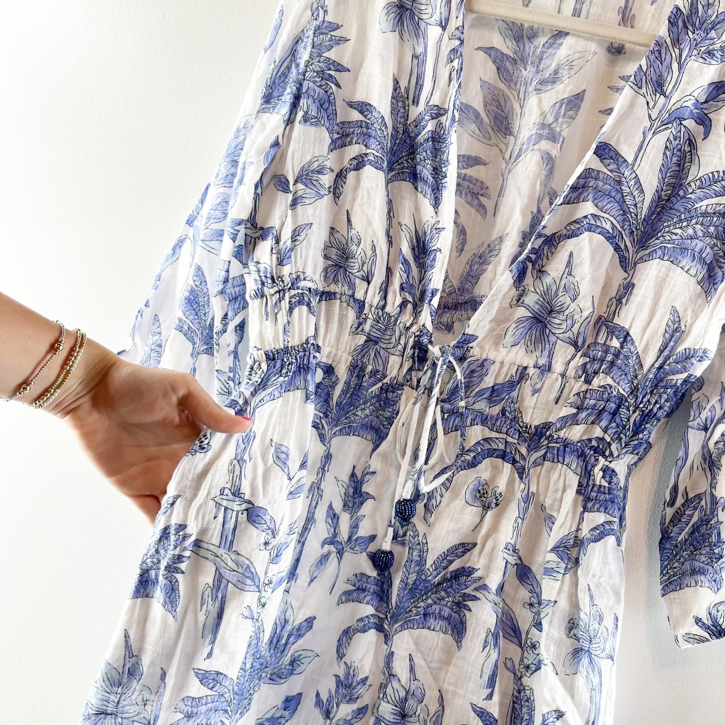 Blue Island Tropical Palm Print 3/4 Sleeve Beach Cover-Up Dress White Blue M