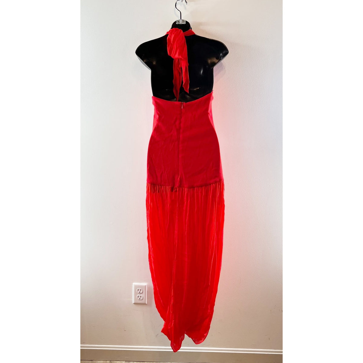 Zara Combination Sleeveless Halter Neck Volume Maxi Dress Red Small