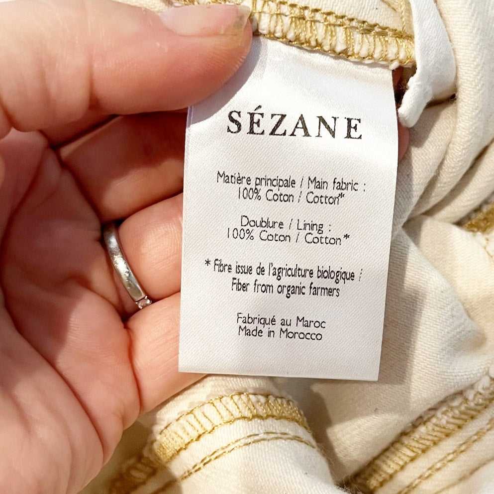 Sezane High Rise Paperbag Belted Tapered Straight Leg Jeans Cream 36