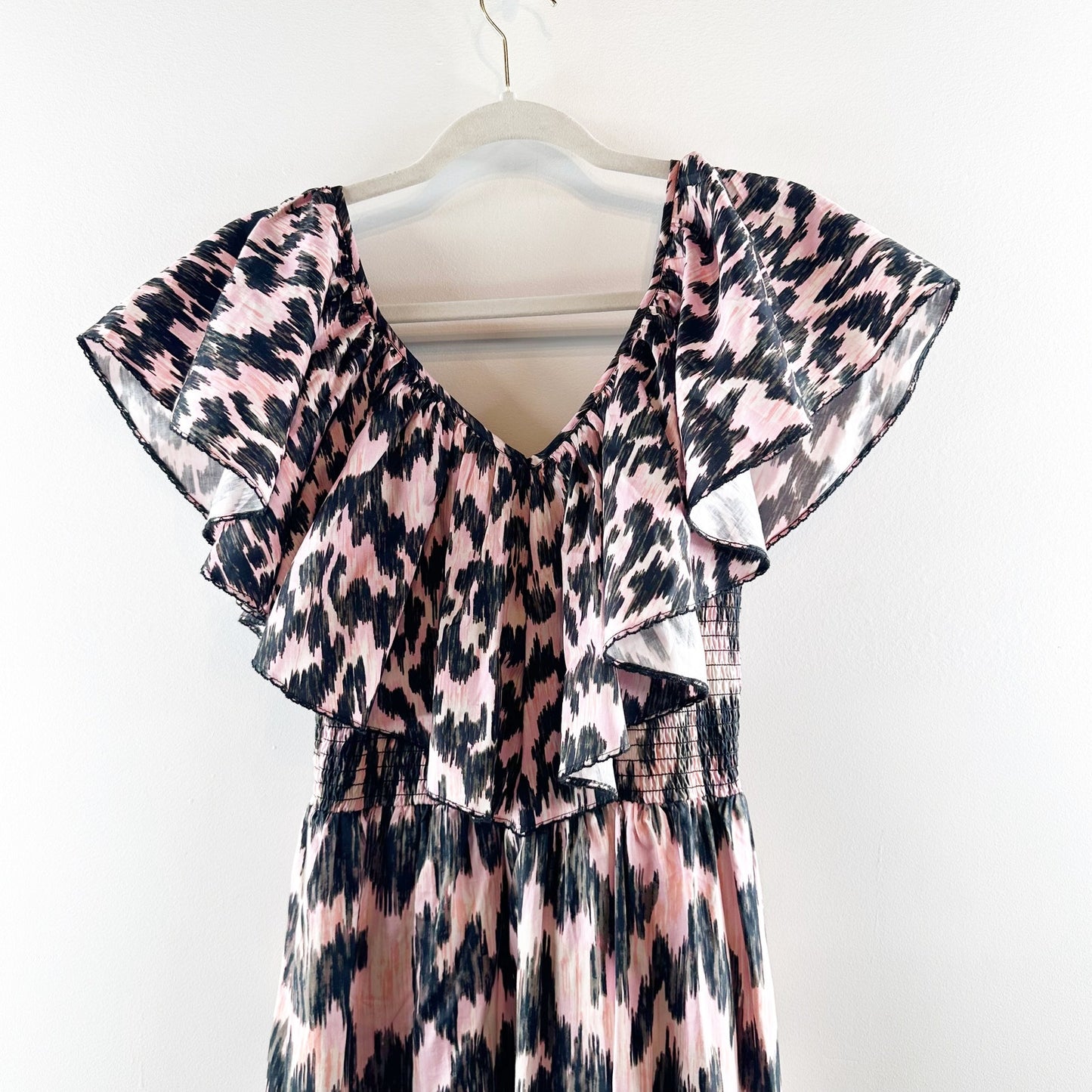 Maria Cher Dabir 100% Cotton Ruffle Trim V-Neck Smocked Midi Dress Pink Black XS