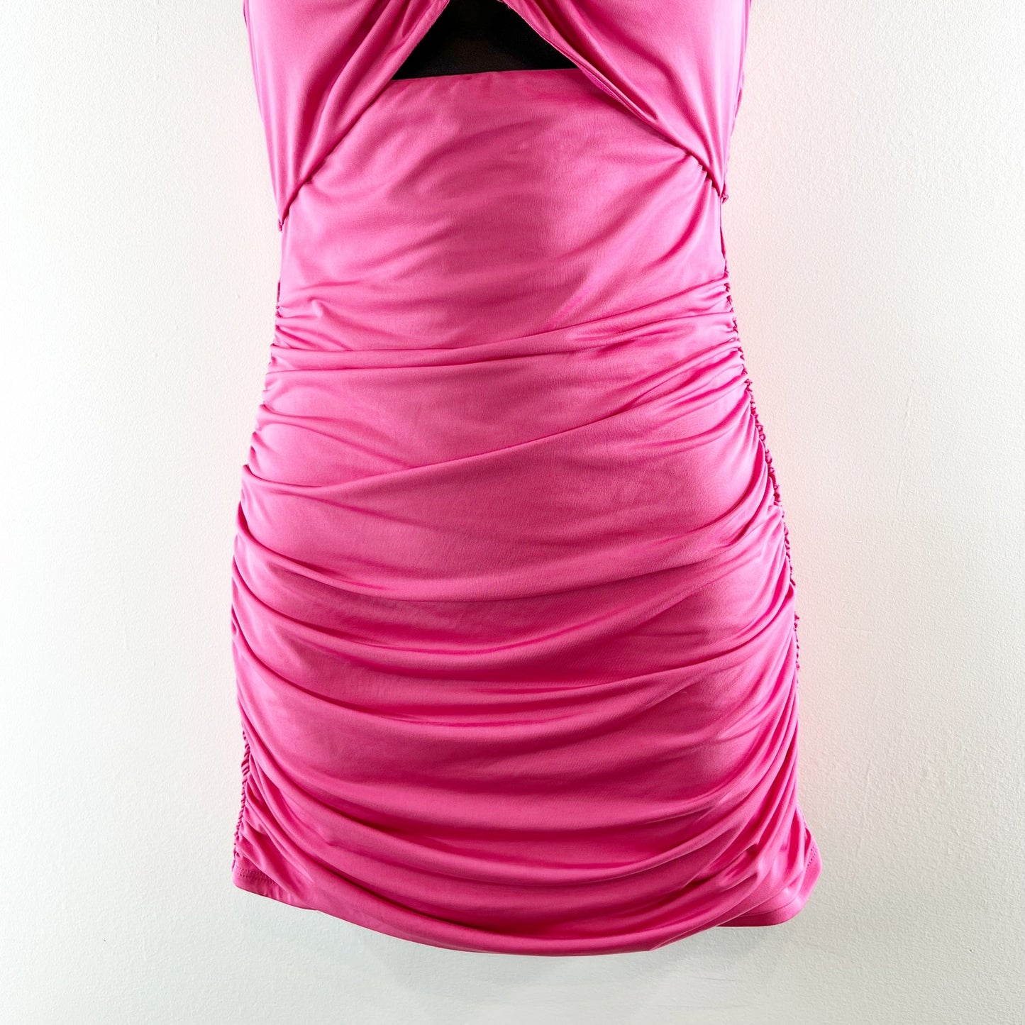 Lucy In The Sky Ruched Halter Key Ring Cutout Bodycon Mini Dress Pink Small