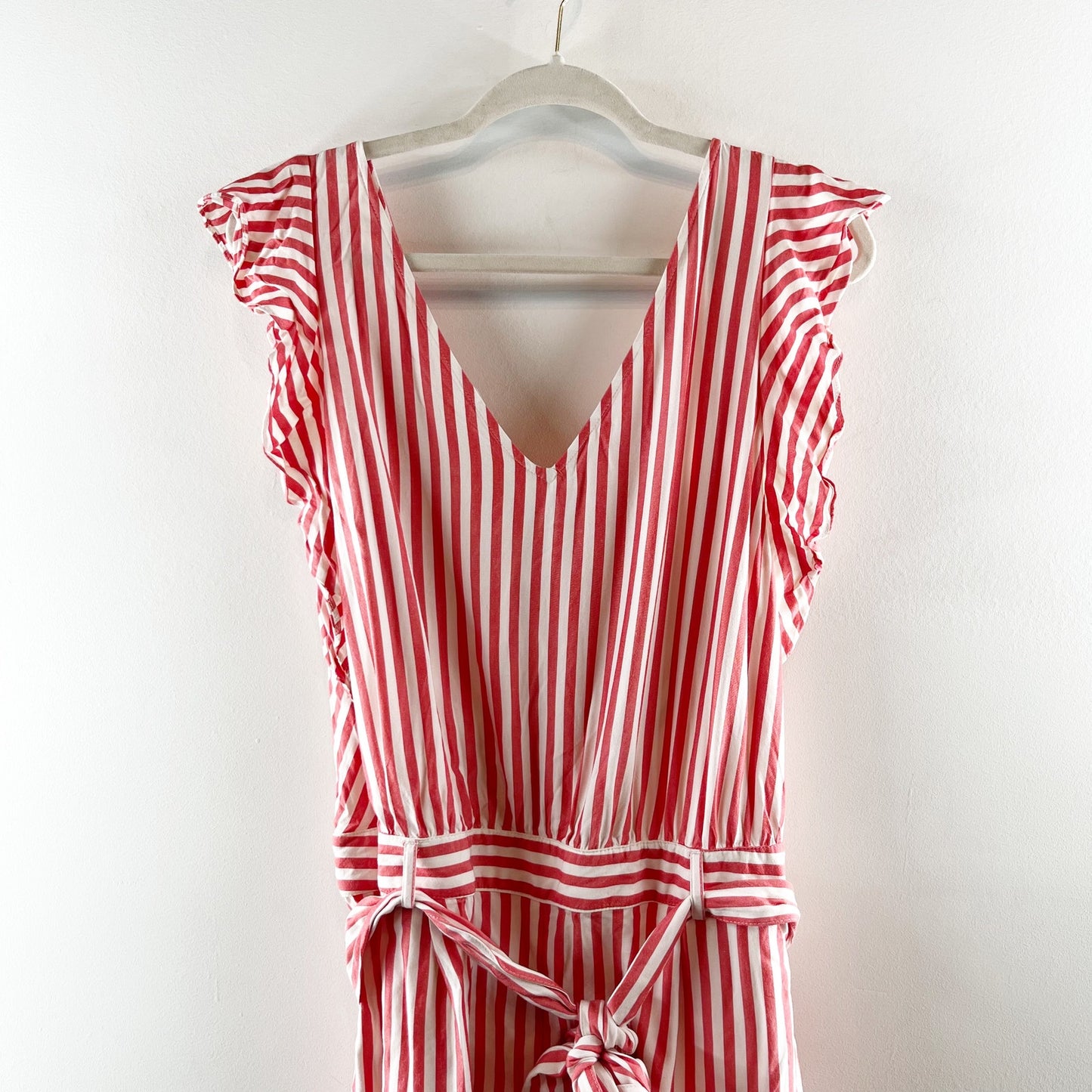 LOFT Striped V Neck Ruffle Shoulder Belted Romper Red White 12