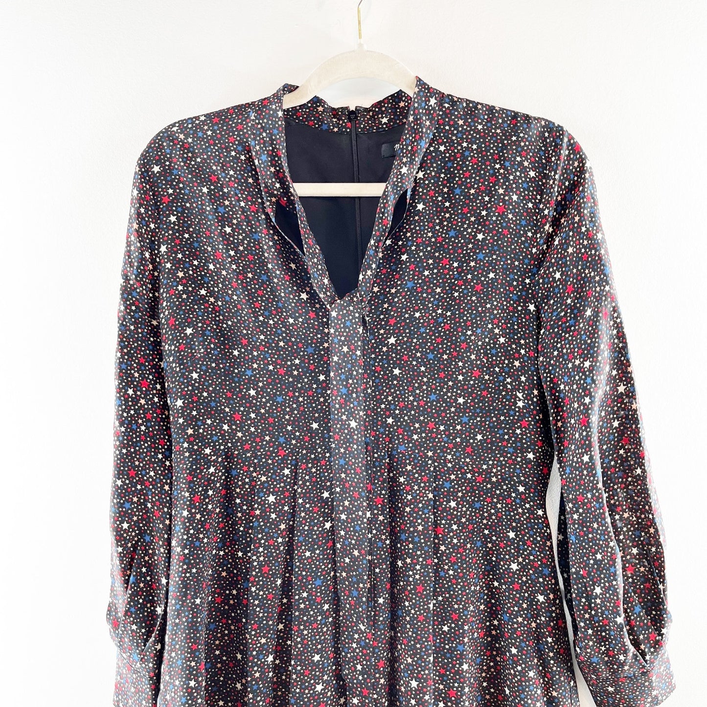 Madewell Long Sleeve Balsam Tie Neck Mini Silk Dress in Starry Night Black 4