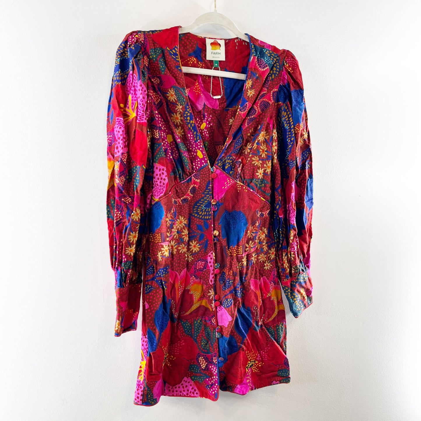 Farm Rio Red Wild Life Long Puff Sleeve Mini Dress Snake Garden Red Medium