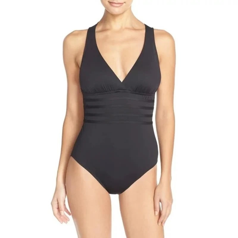 LA Blanca Plunge Front X Criss Cross Strappy Back One Piece Bathing Suit Black 8