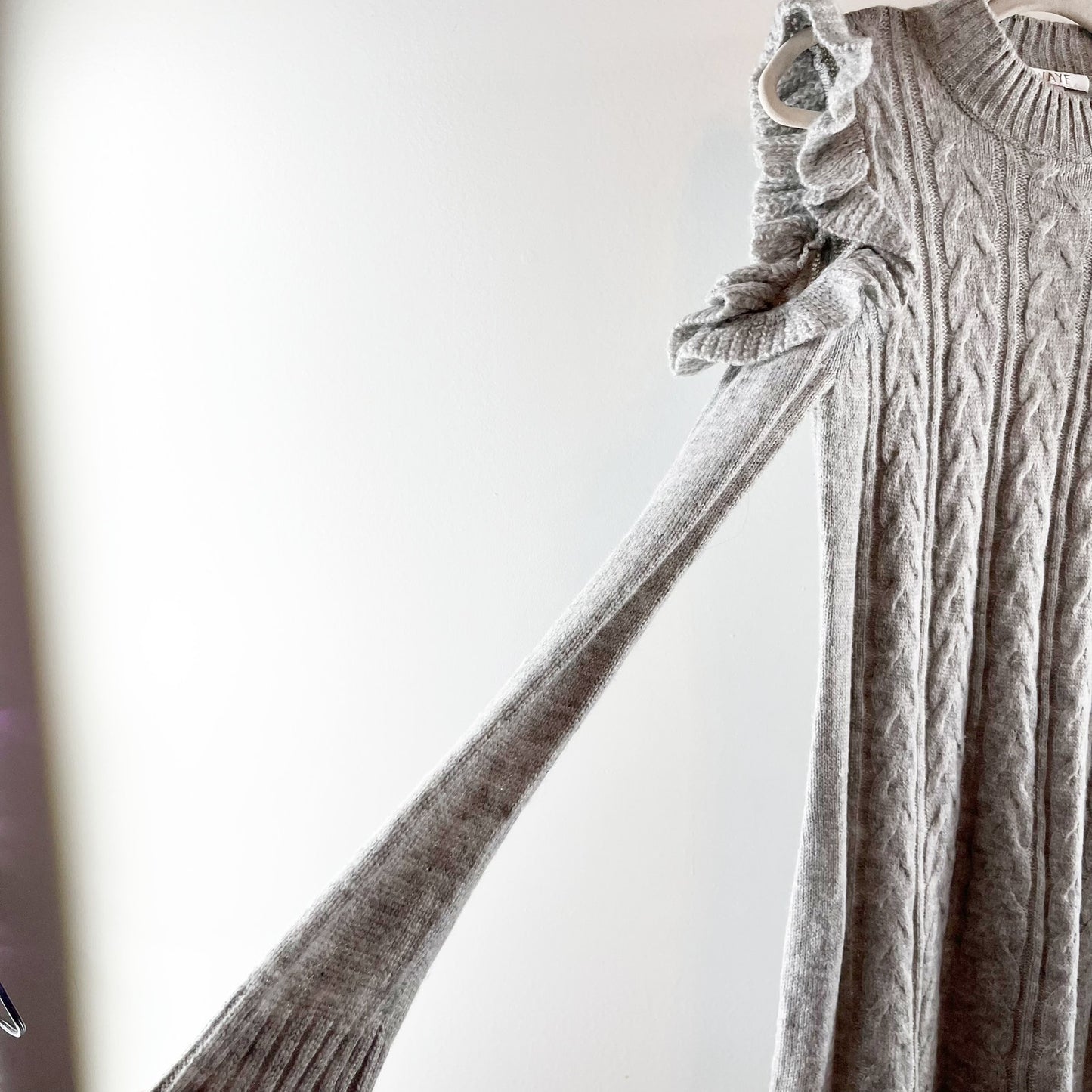 Wayf Mock Neck Cold Shoulder Cable Knit Mini Sweater Dress Oatmeal/Grey Medium