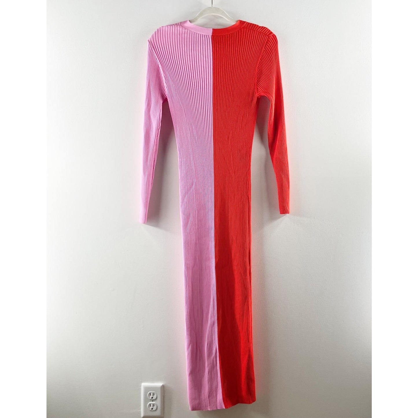 STAUD Long Sleeve Ribbed Shoko Colorblock Midi Sweater Dress Pink Red Medium