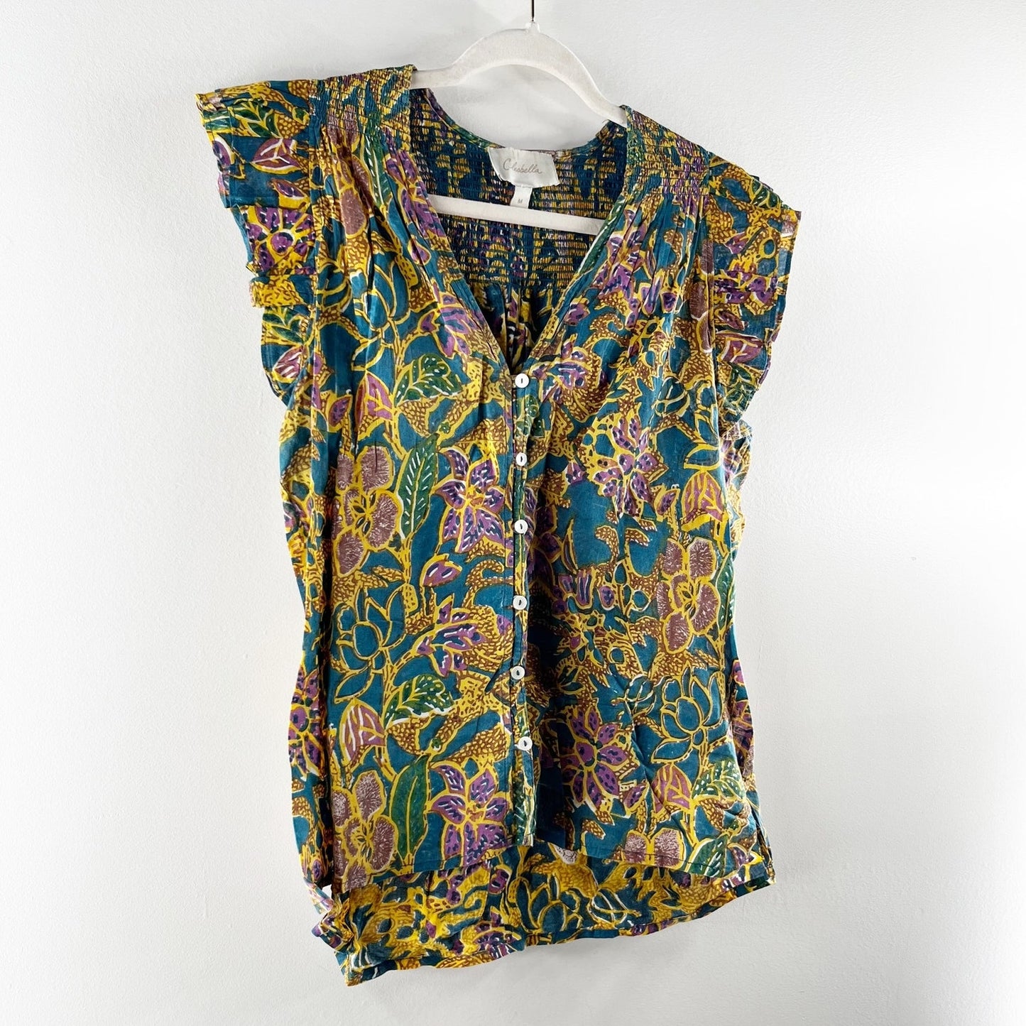 Cleobella Floral Button Up Cotton Chloe Shirt Top Blouse Green Yellow Medium