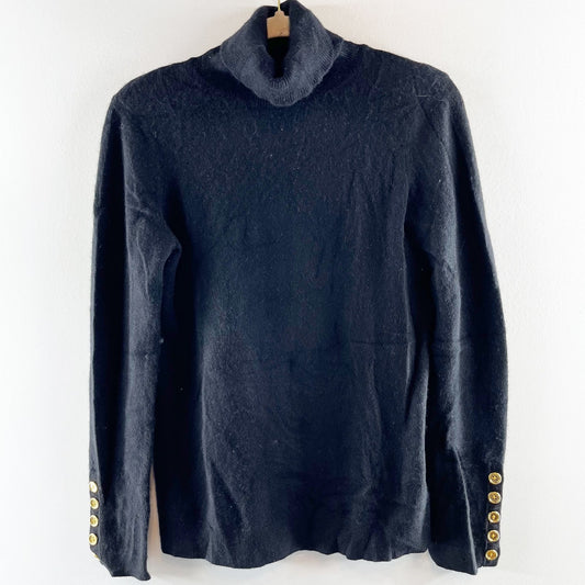 Cashmere by Bloomingdale's Turtleneck Pullover Sweater Gold Button Cuffs Black L