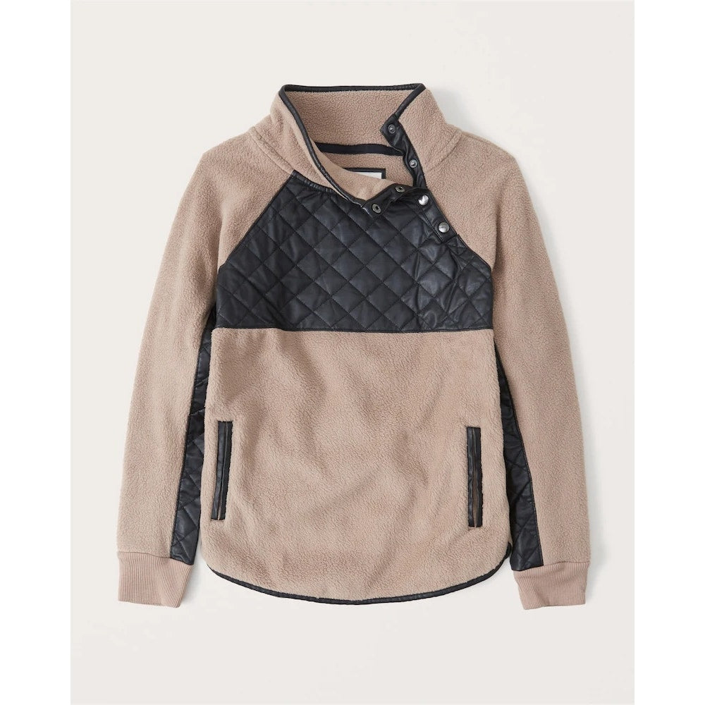 Abercrombie & Fitch Asymmetrical Snap Quilted Fleece Jacket Tan Black XS