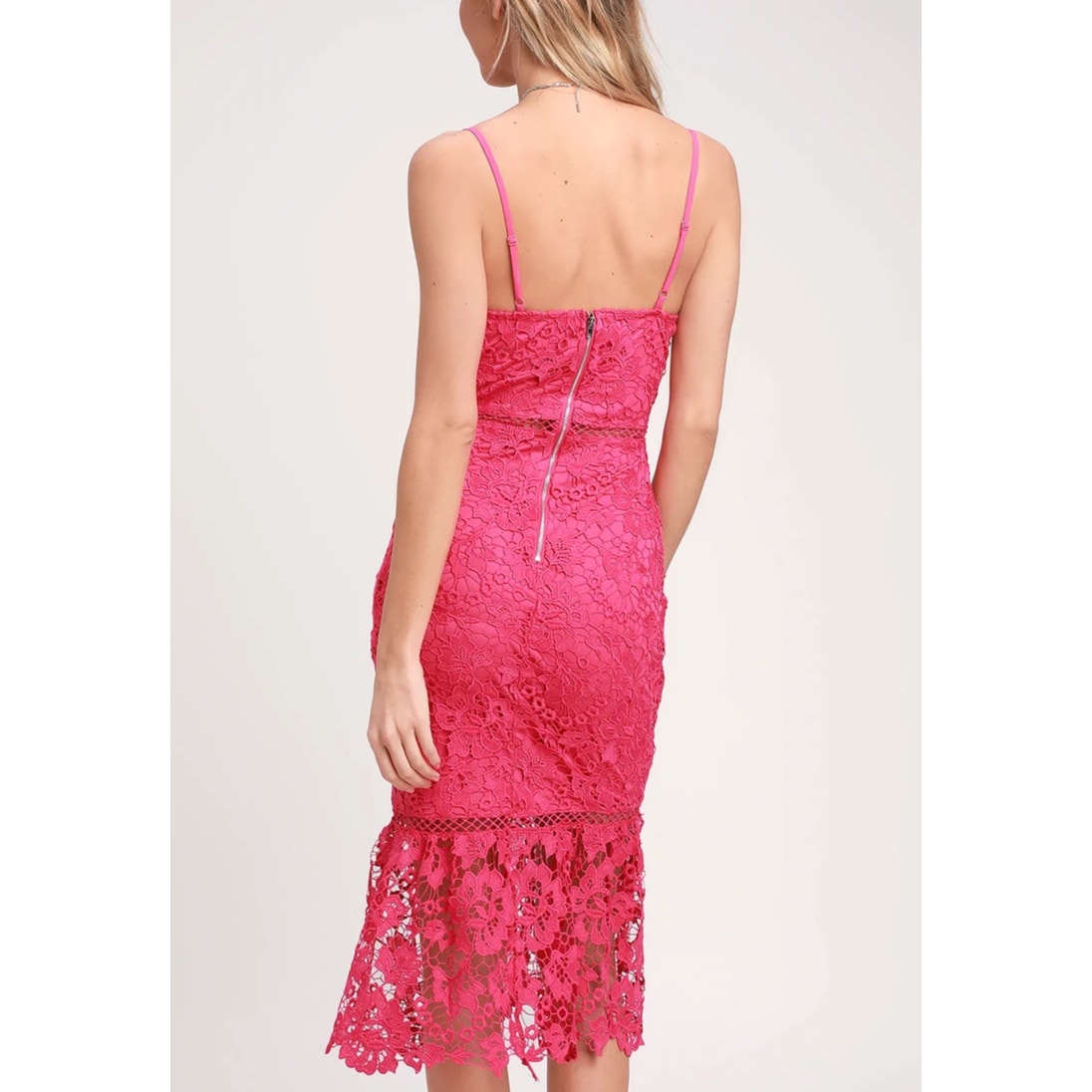 Lulus Taliah Sleeveless Floral Lace Crochet Trim Midi Trumpet Dress Hot Pink S