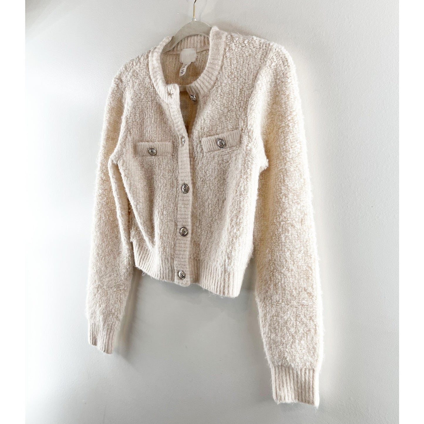H&M Bouclé Long Sleeve Pocket Button-Front Cardigan Sweater Cream Small