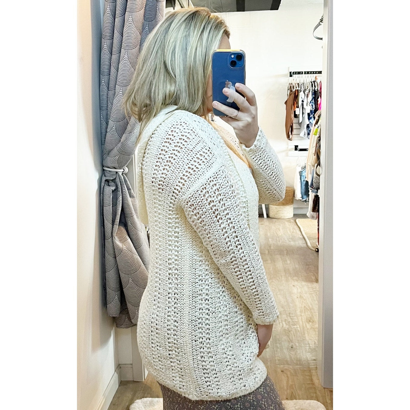 Lou & Gray Long Sleeve Crochet Knit Hooded Duster Cardigan Sweater Cream XS