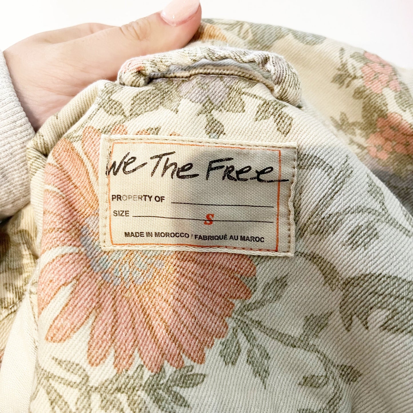 Free People Opal Floral Denim Trucker Jean Jacket Tan Beige Pink Small
