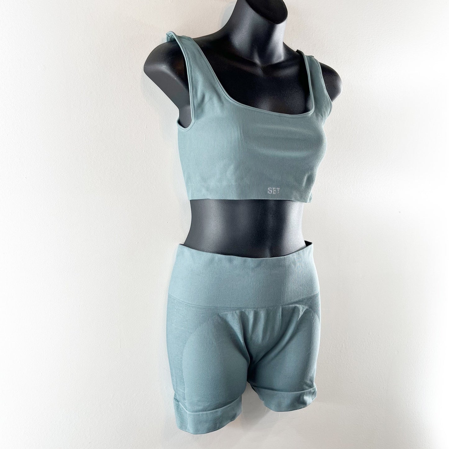 SET Active Sculptflex Power Ribbed Sports Bra Bike Short Set Muted Blue Large