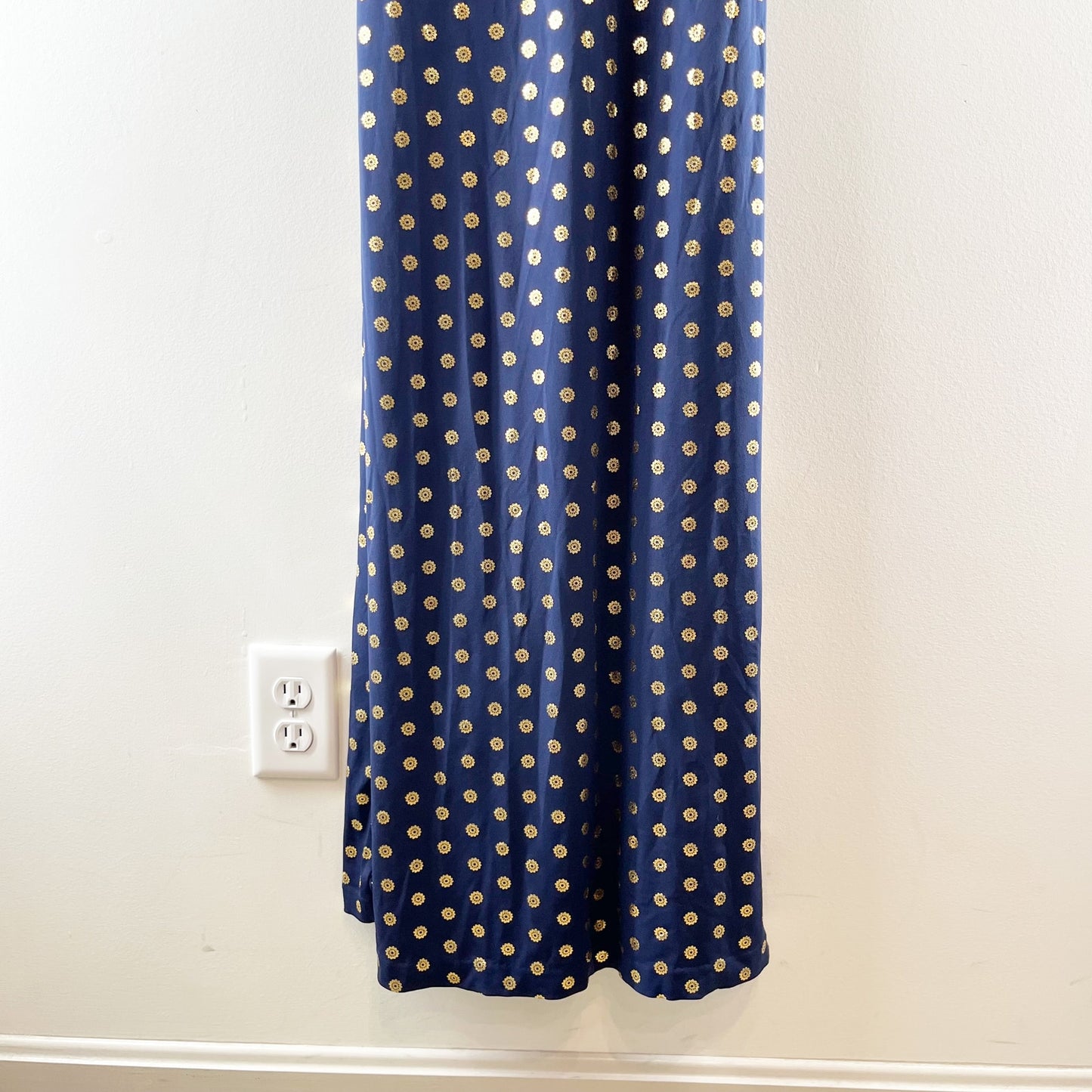 Michael Kors Medallion Foil Print Sleeveless Maxi Dress Navy Blue Gold Medium