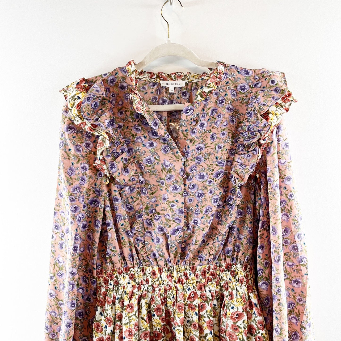 Free The Roses Long Sleeve Floral Tiered Ruffle Mini Dress Purple Cream Medium