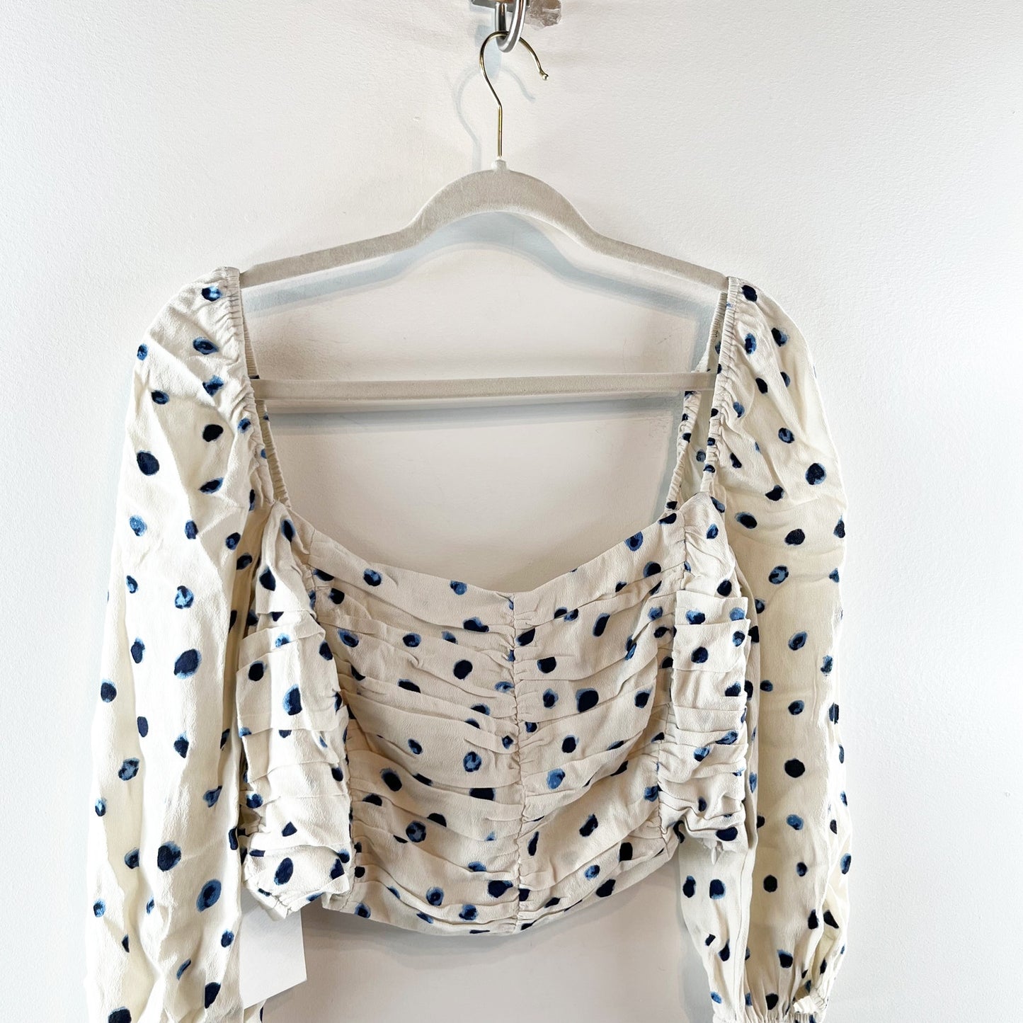 Wilfred Puff Sleeve Polka Dot Crop Lolita Blouse Birch Classic Navy Large NWT