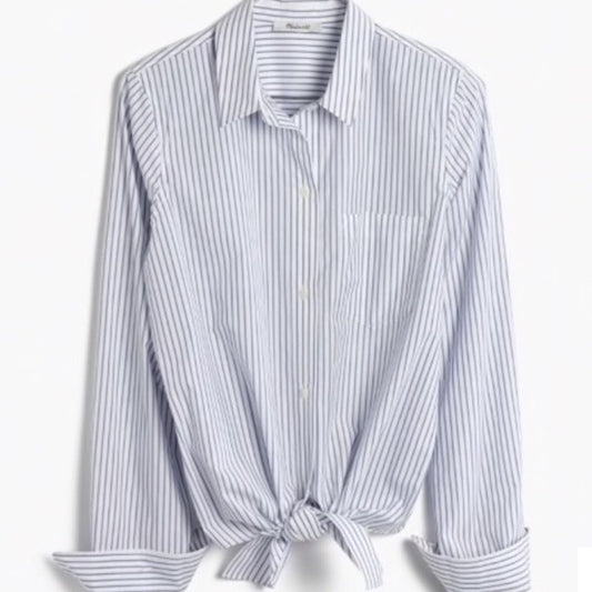 Madewell Bookend Striped Tie Front Long Sleeve Button Down Shirt Blue Small