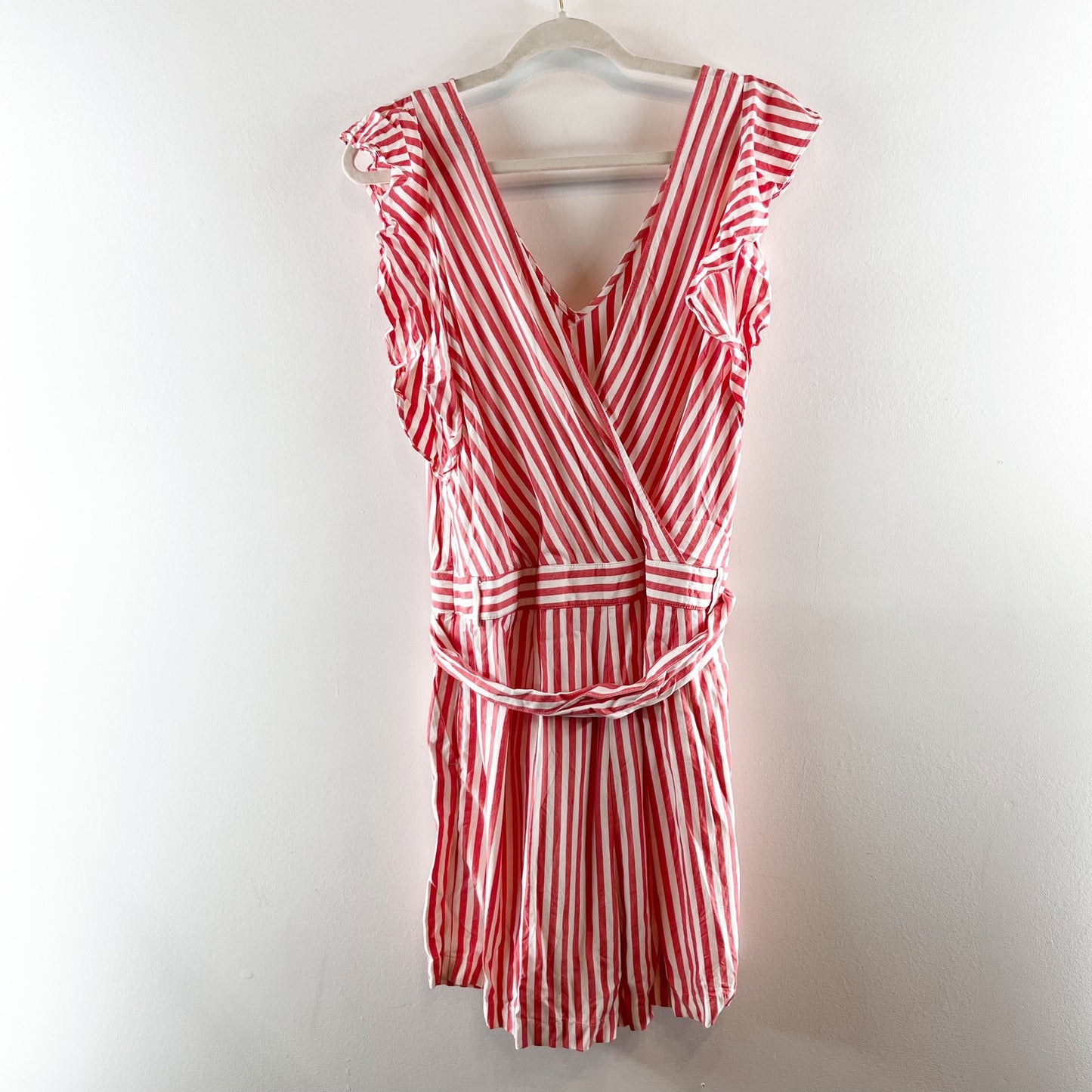 LOFT Striped V Neck Ruffle Shoulder Belted Romper Red White 12