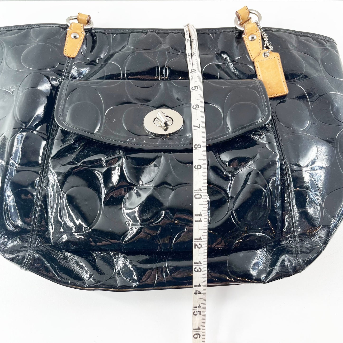 Coach Leah Black Embossed Patent Leather Signature Tote Handbag Purse