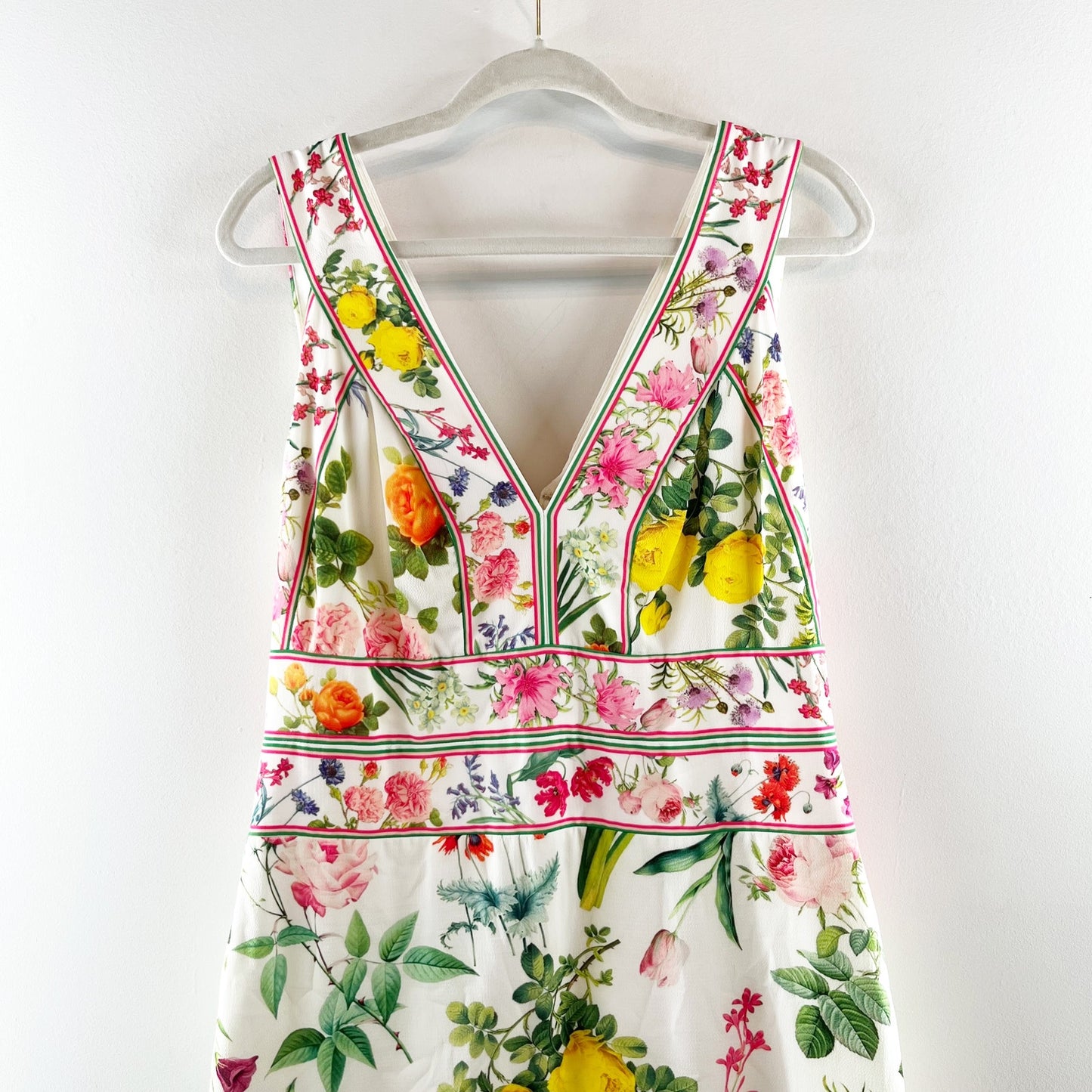 Tadashi Shoji V Neck Pleated Hem Floral Olga Dress White 10