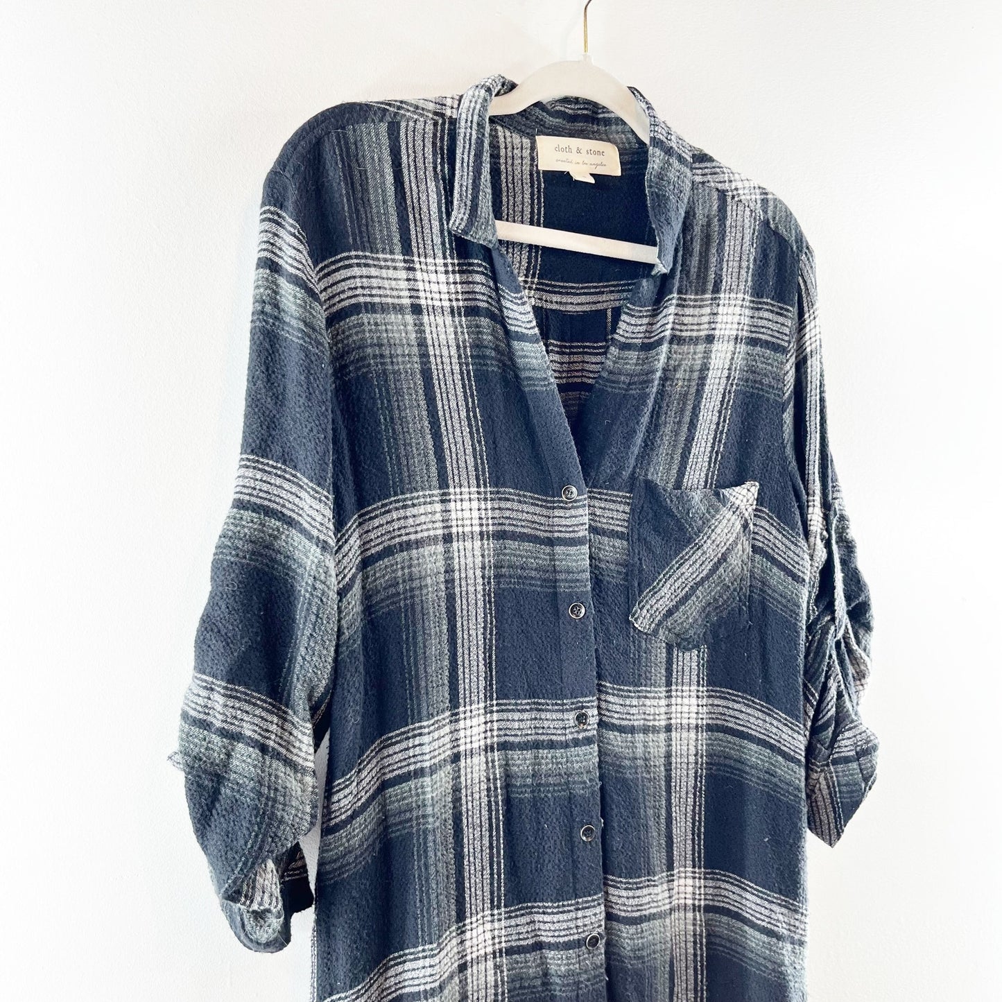 Cloth & Stone Cotton Plaid Flannel Button Up Midi Shirt Dress Black Gray Small