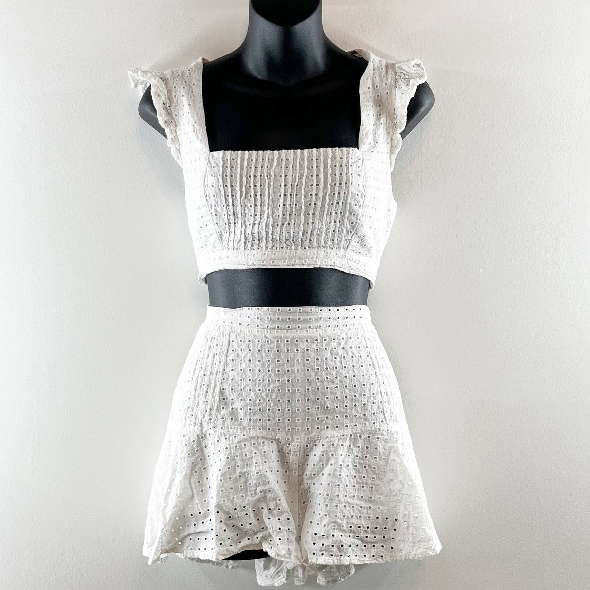 MINKPINK Celestial Eyelet Square Neck Crop Top & Flounce Short Set White M / L
